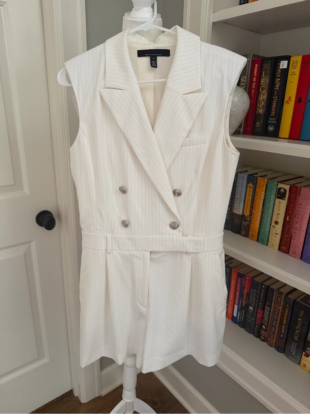 White House Black Market White Pinstripe Double-Breasted Sleeveless Romper
